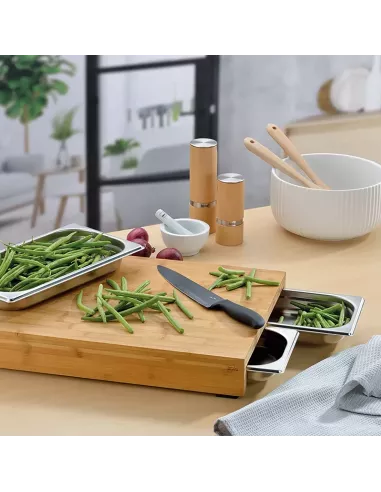 Planche à Découper avec 3 Bacs de Récupération en Inox – Modèle Kenina en Bambou