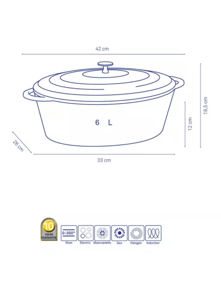 Cocotte en Fonte Emaillée Calido Ovale Rouge – 6 L – Tous feux - Jusqu’à 300°C