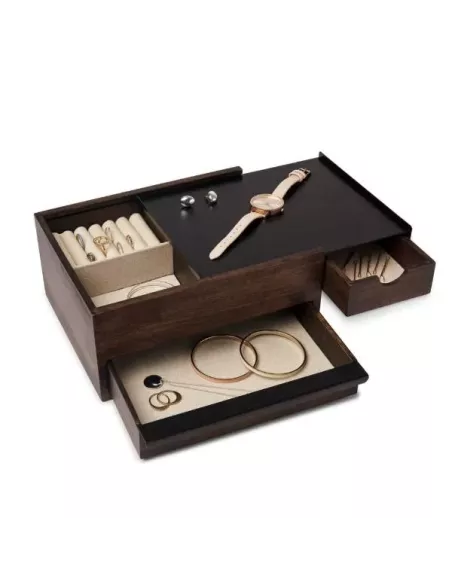 Umbra boite a bijour Stowit en métal noir et bois de noyer foncé grand format