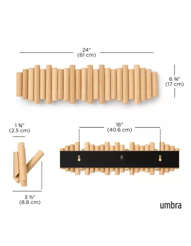 Porte Manteau Mural - Picket Rail 8 Crochets - Bois Naturel - Umbra