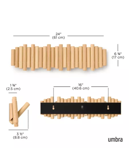 Porte Manteau Mural - Picket Rail 8 Crochets - Bois Naturel - Umbra