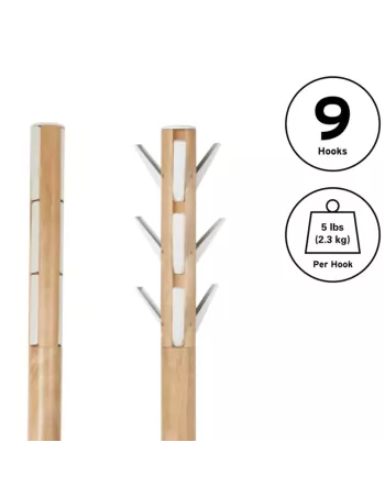 Porte manteaux sur pied - 9 crochets escamotables - Flapper Bois naturel et blanc de Umbra 2