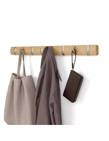 Porte Manteau Mural Flip 8 Hook - coloris Argent et Bois naturel