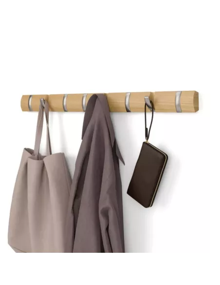 Porte Manteau Mural Flip 8 Hook - coloris Argent et Bois naturel