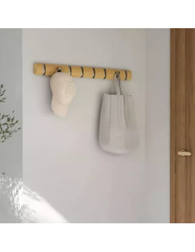 Porte Manteau Mural Flip 8 Hook - coloris Argent et Bois naturel