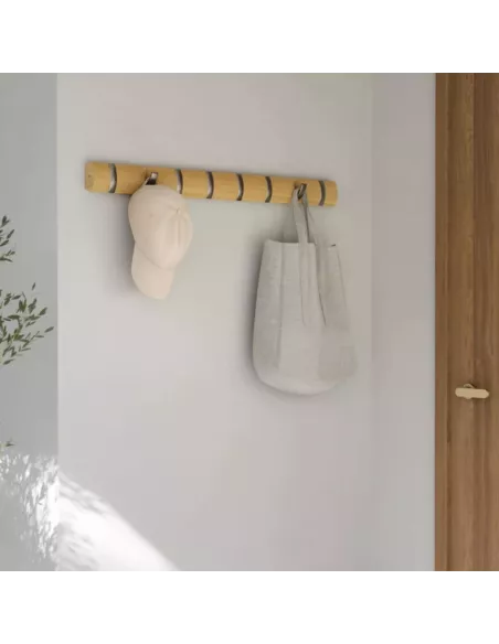 Porte Manteau Mural Flip 8 Hook - coloris Argent et Bois naturel