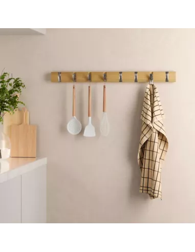 Porte Manteau Mural Flip 8 Hook - coloris Argent et Bois naturel