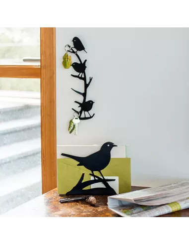 Patère murale 4 crochets "Oiseaux du jardin" en métal noir - Wildlife Garden