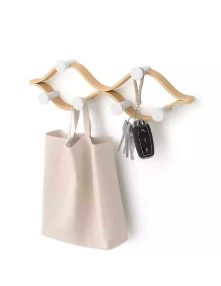 Porte manteaux  mural "Montage" - 6 Crochets - Blanc et Bois naturel